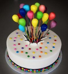 a birthday cake decorated with multi colored balloons