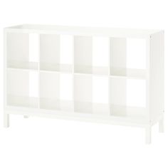 a white bookcase with six cubes on the front and four shelves below it