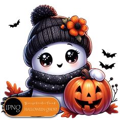 a cartoon panda wearing a scarf and hat holding a pumpkin