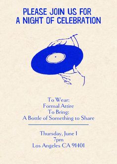 a blue and white flyer for a night of celebration with a record player on it