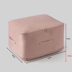 a pink suitcase is shown with measurements for the top and bottom section, along with an additional storage compartment