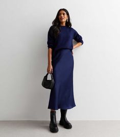 Navy Satin Bias Cut Midaxi Skirt | New Look Navy Tops Outfit, Blue Satin Midi Skirt Outfit, Blue Navy Skirt Outfit, Navy Slip Skirt Outfit, Navy Black Outfit, Navy Silk Skirt Outfit, Blue Silk Skirt Outfit, Black Satin Midi Skirt Outfit, Satin Skirt Outfit Winter