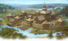 an artist's rendering of a medieval village