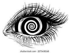 an eye with long eyelashes and spirals on the iris, drawn in black ink