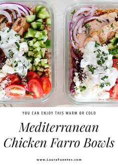 two plastic containers filled with meat and veggies next to the words mediterranean chicken farro bowls