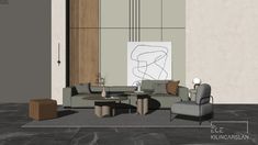 a drawing of a living room with couches, tables and chairs on the floor