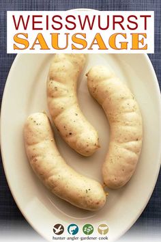 two sausages on a white plate with the words weisswurstt sausage