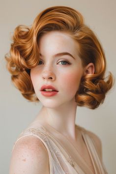 Elegant woman with vintage curled hairstyle and subtle makeup looking at the camera. Vintage Style Short Hair, 50s Womens Hairstyles Short, Vintage Wedding Hair Medium Length, Pinup Short Hair, Vintage Medium Hairstyles, Glam Short Hairstyles, Vintage Hair Styles Medium, Hollywood Glam Short Hair