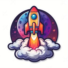 an orange and blue rocket flying through the air on top of clouds in front of a moon