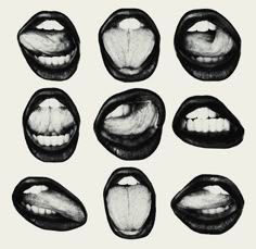 four different angles of the mouth showing teeth and tongue, all in black and white