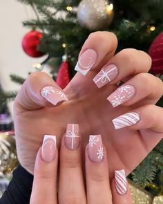 White for Christmas 🤍🌲🎁 #whitenails #christmasnailsart #presentnails🎁 #christmasnailsart #whitenailsdesign #christmasnailsdesign | Instagram Christmas Present Nails, Winter Nails Acrylic, Girly Acrylic Nails, Snowflake Nails