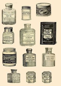 an image of old fashioned medicine bottles and containers in black and white ink on paper