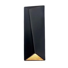 a black wall light with gold accents on the side and an open corner in the middle