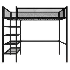 a black metal bunk bed with shelves and ladders on the bottom level, isolated against a white background