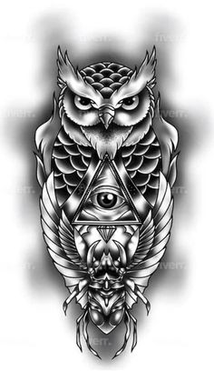 an owl and triangle tattoo design on a white background