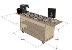 an image of a food cart with some items on it and measurements for the contents