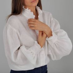 Puffy sleeves linen blouse, Ruffle Blouse. Shirt Puffy Sleeves, Victorian Shirt, Victorian Blouse, Summer Linen, Puffy Sleeves, Linen Blouse, Shirt Button, Victorian Style, Collar And Cuff