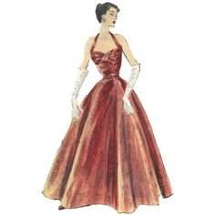 This beautiful Vogue dress features full, eight-gored, skirt in two lengths which are joined to the fitted bodice at waist-line. The right side of the bodice front extends over gathered bust fullness. Halter neck-band. Centre-back closing for slide fastener. Full eight gored skirt in two lengths joins the fitted bodice at waistline. Right side of bodice front extends over gathered bust fullness. Halter neckband. Centre-back closing for slide fastener. Offered here as: Digital Download. This patt 1950s Evening Gown, 1950s Ball Gown, 1950s Vogue, Vintage Evening Dress, Vintage Barbie Dress, Vintage Fashion Sketches, Vintage Clothes Patterns, Dress Halter Neck, 1950s Sewing Patterns