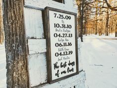 a sign that is on the side of a building in the snow with numbers and dates