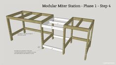 the modular station phase 1 - step 4 is shown with measurements for the top and bottom shelves