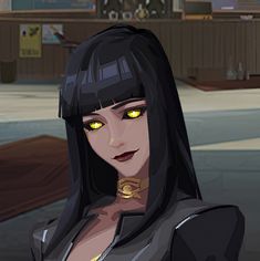 a woman with yellow eyes and black hair