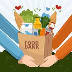 a person holding a paper bag full of food and drinks, with the words food bank coming out of it