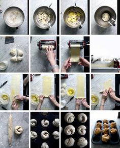 several pictures of doughnuts being made and then rolled into buns with butter