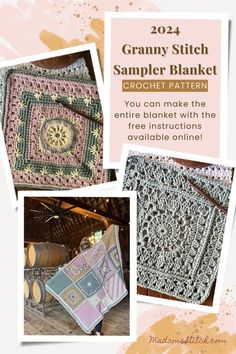 the crochet granny blanket is shown in three different pictures