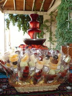 a basket filled with lots of different types of candies on top of a table