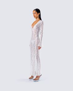 The type of dress that will have them thinking about you forever ☁️ give them something to remember in this white lace maxi dress. Complete with a deep V neckline, long sleeves, a mermaid skirt, and a ruffled sleeve hem 🕊️ Leave little to the imagination -- 'dress' is sheer & undergarments are not included 👀 Type Of Dress, White Corset Dress, White Lace Maxi Dress, White Lace Maxi, Thinking About You, Rhinestone Top, Mesh Maxi Dress, Something To Remember, White Corset