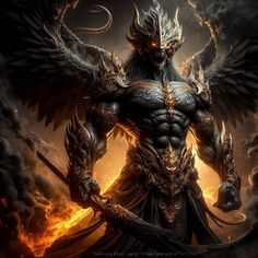 an image of a demonic demon with wings on his chest and two swords in his hand