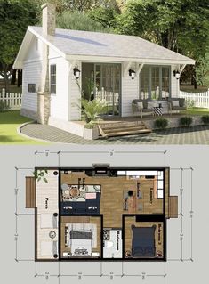 the floor plan for a small house with an attached porch and living room, as well as