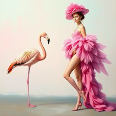 a painting of a woman in a pink dress with a flamingo standing next to her