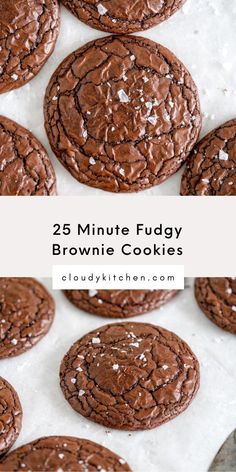 chocolate fudge cookies with white sprinkles on top and the words, 25 minute fudge brownie cookies