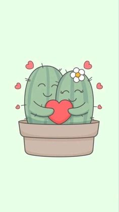 two cactus with hearts sitting in a pot on a green background, one holding the other's face