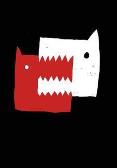 a red and white dog with big teeth on it's face, against a black background