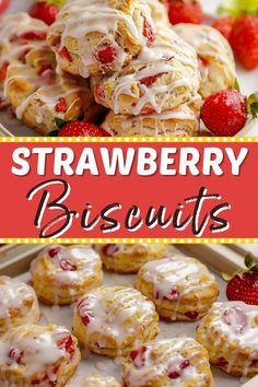 strawberry biscuits with icing and strawberries in the background