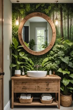 a bathroom with a mirror, sink and plants on the wall