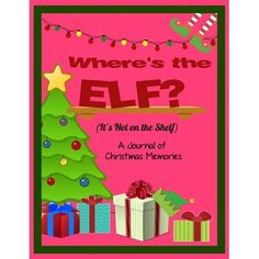 a pink christmas card with presents on it and the words where's the elf?