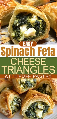 spinach and feta cheese triangles with puff pastry on the bottom are shown in this recipe