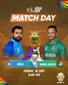 two men in green and blue uniforms holding a trophy with the words asia cup match day written on it