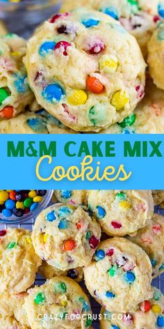 m & m cake mix cookies are stacked on top of each other with colorful candy