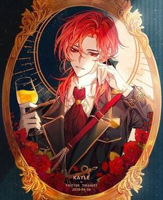 an anime character with red hair holding a wine glass in front of her face and looking at the camera