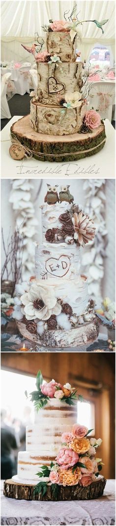 wedding cake with flowers on the top and bottom, in different stages of being cut