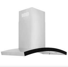 a white stove top oven sitting on top of a counter next to a black exhaust fan