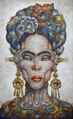 a painting of a woman's face with many objects in her hair and eyes