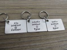 three metal key chains with names on them