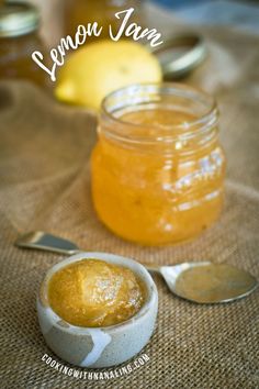 lemon jam in a small bowl next to a spoon