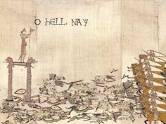 an old painting with writing on it that says hell, navy and soldiers in the background