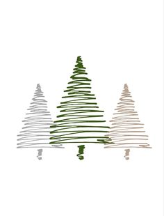 three christmas trees in different colors on a white background with green and gray lines drawn across them